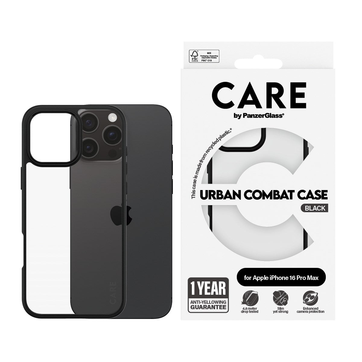 CARE by PanzerGlass® Urban Combat Case Transparent w. Black Frame iPhone 16 Pro Max